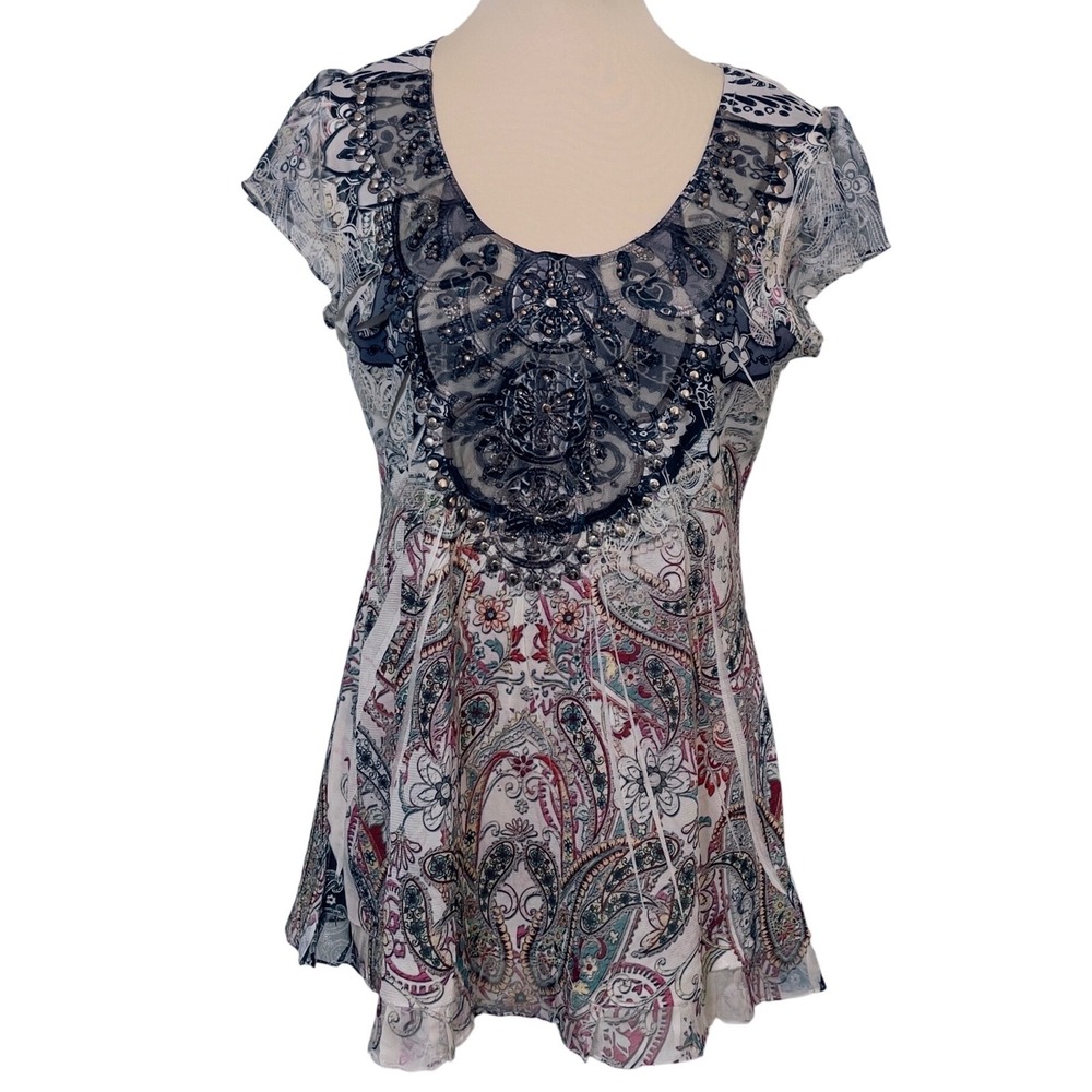 One World‎ Women Paisley Embellished Top Size M Boho Gothic Festival Fairy